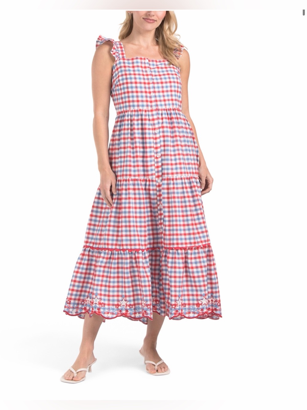 NWT C&C California Red White Blue Gingham Tiered Midi Dress Patriotic July 4th